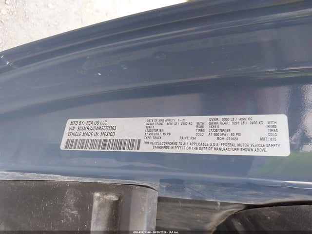 Продажа на аукционе авто 2021 Ram Promaster 3500 Cargo Van High Roof 159 Wb Ext, vin: 3C6MRVJG4ME563363, номер лота: 45927390