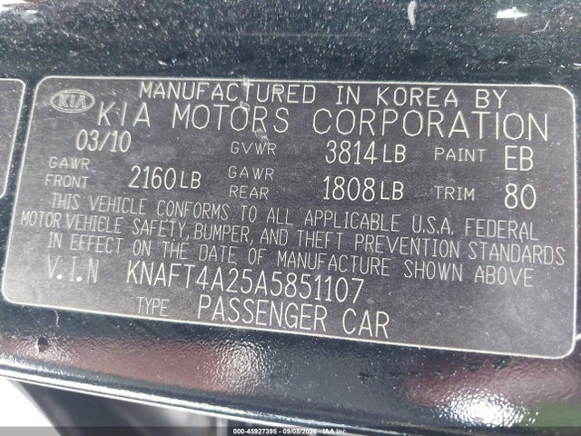 45927395 :رقم المزاد ، KNAFT4A25A5851107 vin ، 2010 Kia Forte Lx مزاد بيع