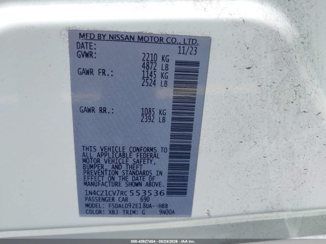 2024 Nissan Leaf Sv Plus მანქანა იყიდება აუქციონზე, vin: 1N4CZ1CV7RC553536, აუქციონის ნომერი: 45927404
