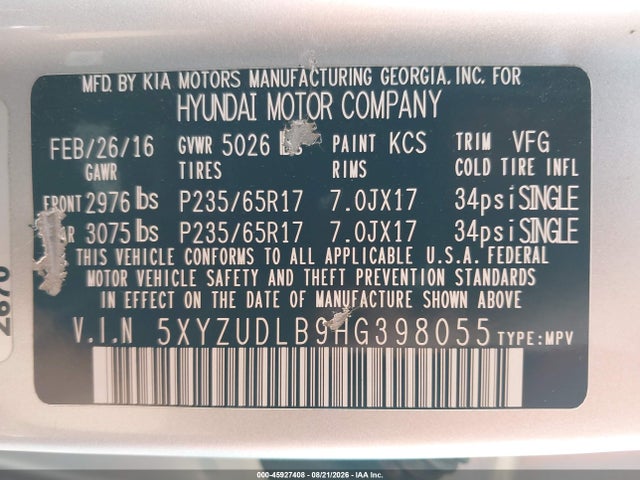 2017 Hyundai Santa Fe Sport 2.4l მანქანა იყიდება აუქციონზე, vin: 5XYZUDLB9HG398055, აუქციონის ნომერი: 45927408