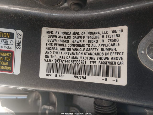 Aukcja sprzedaży 2011 Honda Civic Lx, vin: 19XFA1F51BE008781, numer aukcji: 45927421