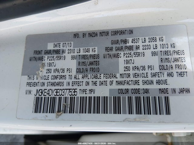 45927435 :رقم المزاد ، JM3KE4DY3E0377535 vin ، 2014 Mazda Cx-5 Grand Touring مزاد بيع