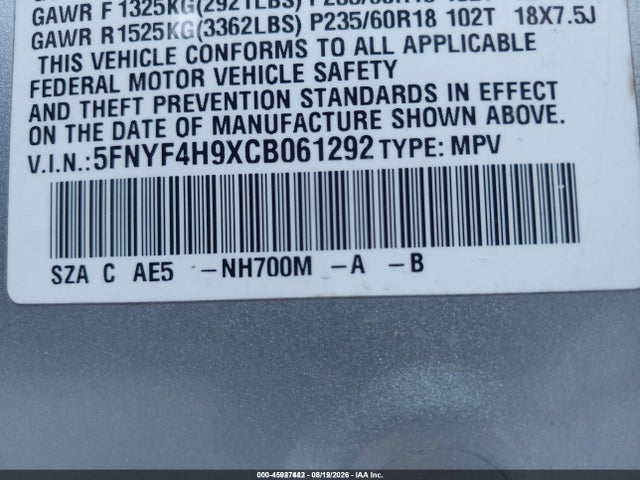Aukcja sprzedaży 2012 Honda Pilot Touring, vin: 5FNYF4H9XCB061292, numer aukcji: 45927442