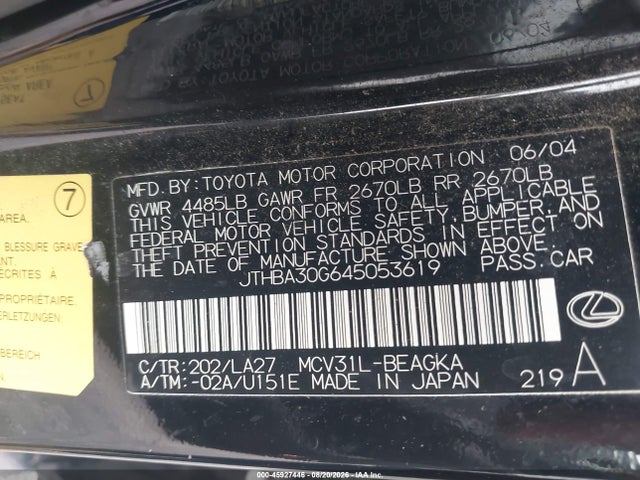 Aukcja sprzedaży 2004 Lexus Es 330, vin: JTHBA30G645053619, numer aukcji: 45927446