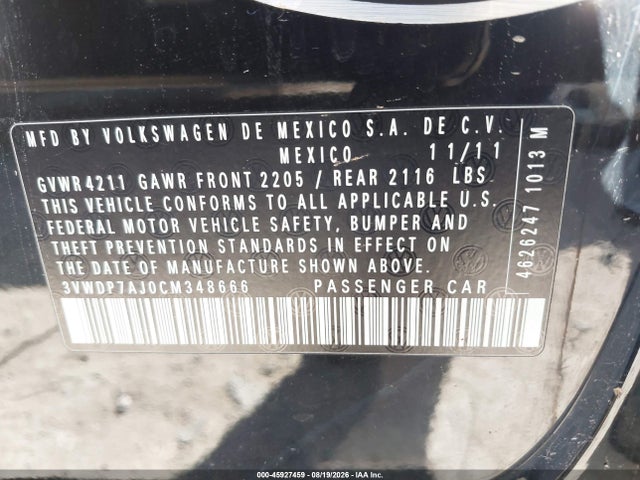 45927459 :رقم المزاد ، 3VWDP7AJ0CM348666 vin ، 2012 Volkswagen Jetta 2.5l Se مزاد بيع