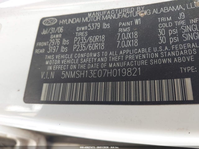 Aukcja sprzedaży 2007 Hyundai Santa Fe Limited/se, vin: 5NMSH13E07H019821, numer aukcji: 45927473