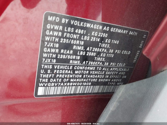 Продажа на аукционе авто 2011 Volkswagen Tiguan Sel, vin: WVGBV7AX8BW001908, номер лота: 45927475