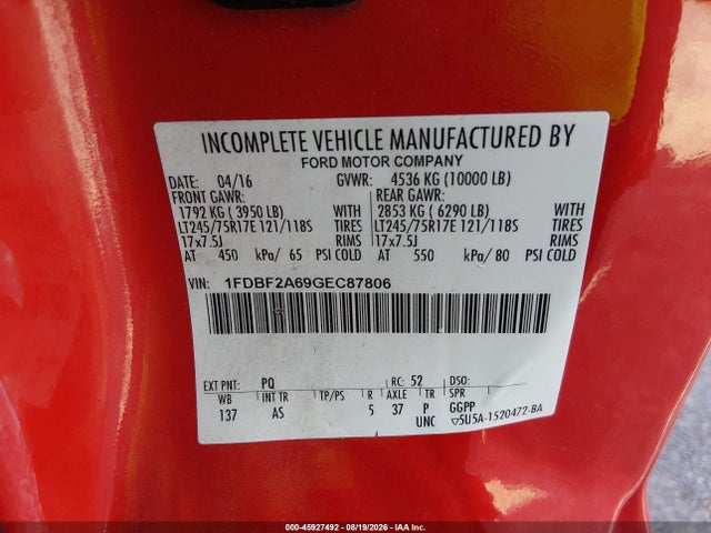 2016 Ford F-250 Xl მანქანა იყიდება აუქციონზე, vin: 1FDBF2A69GEC87806, აუქციონის ნომერი: 45927492