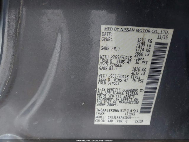 Продаж на аукціоні авто 2017 Nissan Titan S, vin: 1N6AA1EK0HN521491, номер лоту: 45927507