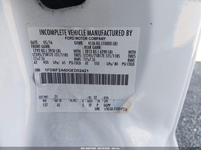 2016 Ford F-250 Xl მანქანა იყიდება აუქციონზე, vin: 1FDBF2A60GED02421, აუქციონის ნომერი: 45927508