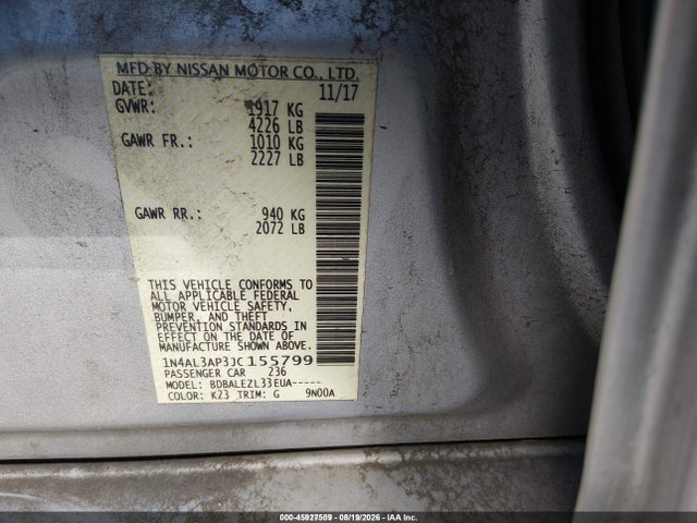 Продаж на аукціоні авто 2018 Nissan Altima 2.5 S, vin: 1N4AL3AP3JC155799, номер лоту: 45927509