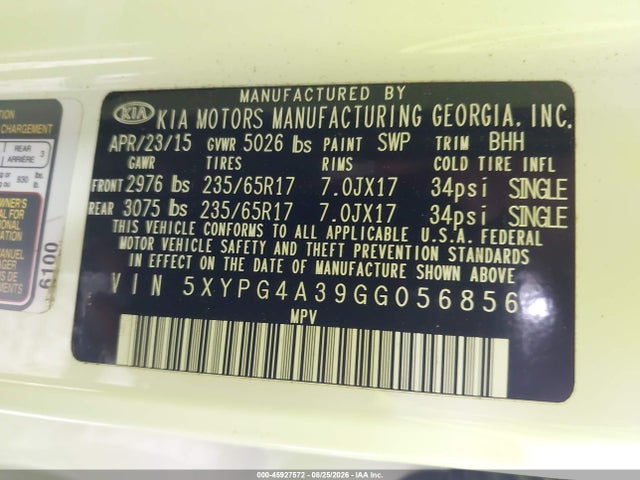 45927572 :رقم المزاد ، 5XYPG4A39GG056856 vin ، 2016 Kia Sorento 2.4l Lx مزاد بيع
