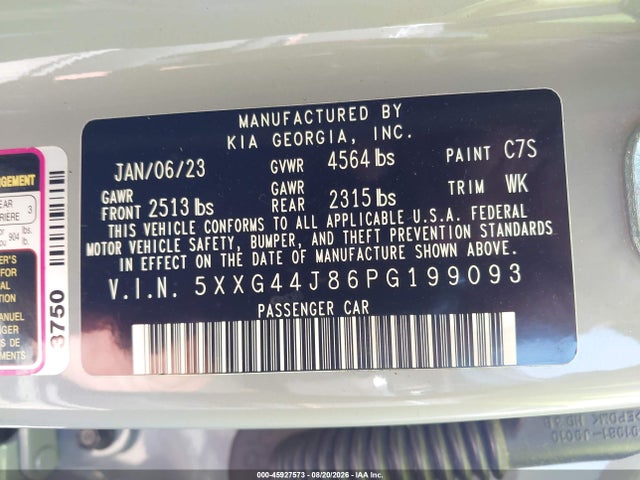 Продажа на аукционе авто 2023 Kia K5 Gt, vin: 5XXG44J86PG199093, номер лота: 45927573