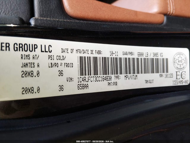 Продаж на аукціоні авто 2012 Jeep Grand Cherokee Overland, vin: 1C4RJFCT3CC164830, номер лоту: 45927577