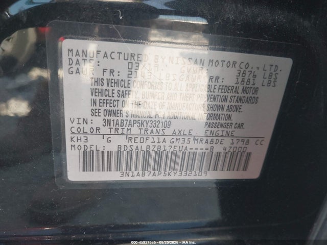 2019 Nissan Sentra S მანქანა იყიდება აუქციონზე, vin: 3N1AB7AP5KY332109, აუქციონის ნომერი: 45927585