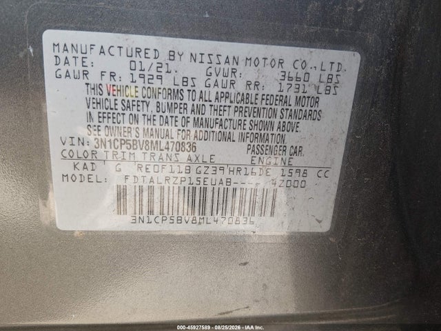 2021 Nissan Kicks S Xtronic Cvt მანქანა იყიდება აუქციონზე, vin: 3N1CP5BV8ML470836, აუქციონის ნომერი: 45927589