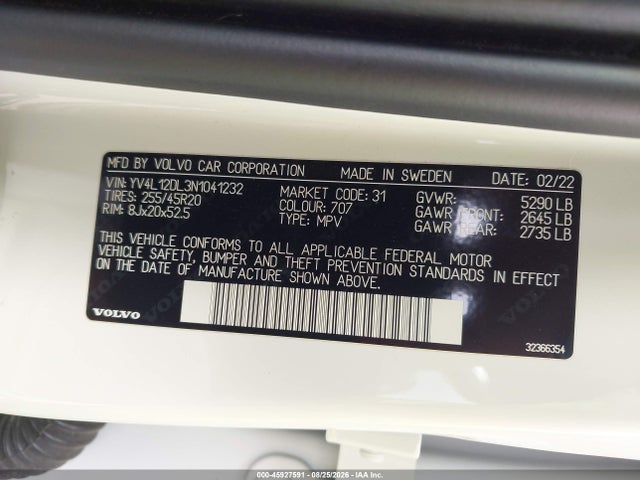 Aukcja sprzedaży 2022 Volvo Xc60 B5 Inscription, vin: YV4L12DL3N1041232, numer aukcji: 45927591