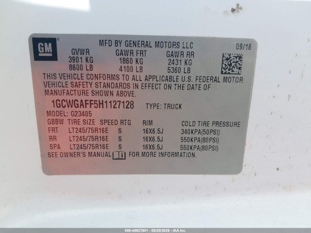 Продаж на аукціоні авто 2017 Chevrolet Express 2500 Work Van, vin: 1GCWGAFF5H1127128, номер лоту: 45927601