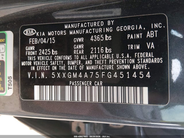 Продажа на аукционе авто 2015 Kia Optima Lx, vin: 5XXGM4A75FG451454, номер лота: 45927603