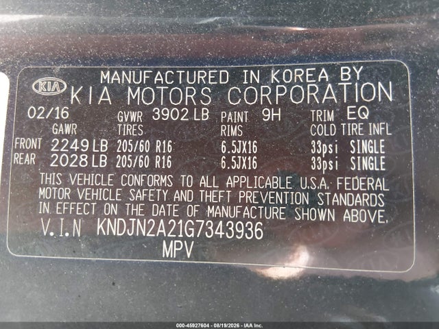 Aukcja sprzedaży 2016 Kia Soul, vin: KNDJN2A21G7343936, numer aukcji: 45927604
