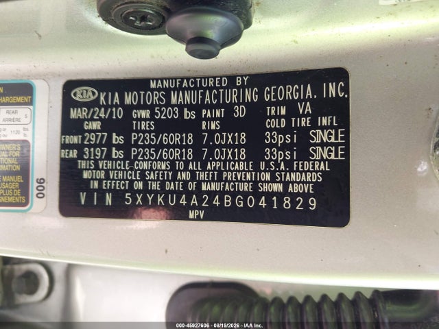 45927606 :رقم المزاد ، 5XYKU4A24BG041829 vin ، 2011 Kia Sorento Ex V6 مزاد بيع