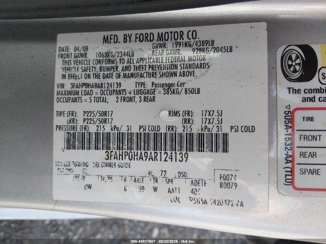 Aukcja sprzedaży 2010 Ford Fusion Se, vin: 3FAHP0HA9AR124139, numer aukcji: 45927607