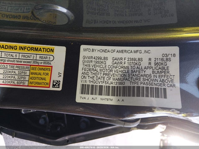 Aukcja sprzedaży 2018 Honda Accord Ex-l, vin: 1HGCV1F5XJA131893, numer aukcji: 45927616
