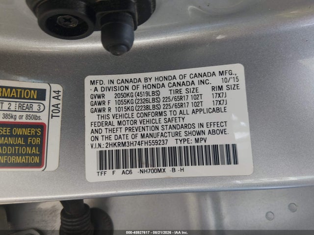 2015 Honda Cr-v Ex-l მანქანა იყიდება აუქციონზე, vin: 2HKRM3H74FH559237, აუქციონის ნომერი: 45927617