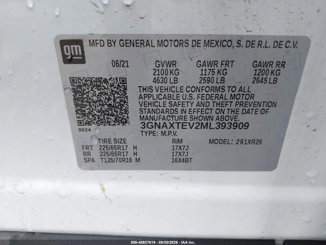 2021 Chevrolet Equinox Awd 2fl მანქანა იყიდება აუქციონზე, vin: 3GNAXTEV2ML393909, აუქციონის ნომერი: 45927619