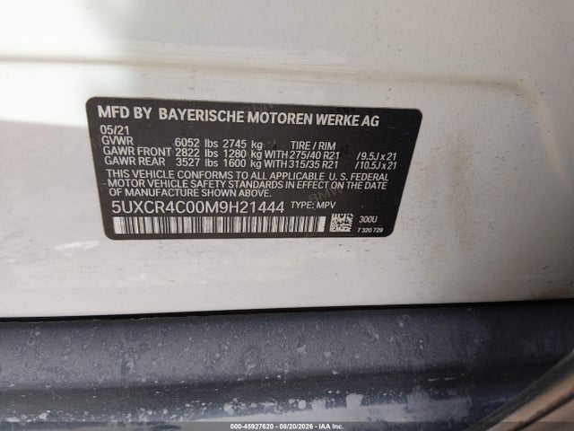 2021 Bmw X5 Sdrive40i მანქანა იყიდება აუქციონზე, vin: 5UXCR4C00M9H21444, აუქციონის ნომერი: 45927620