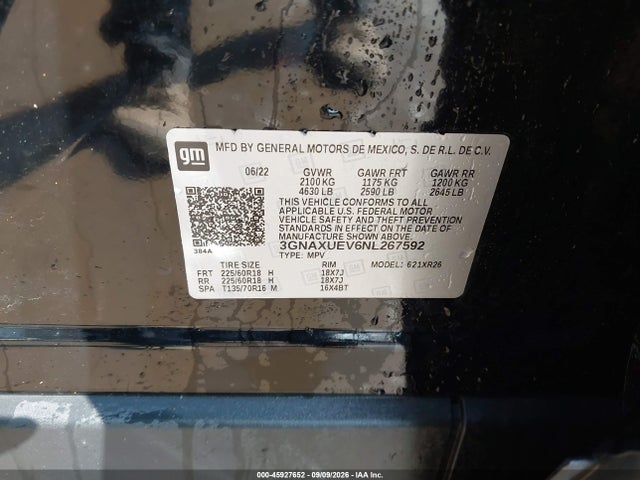 45927652 :رقم المزاد ، 3GNAXUEV6NL267592 vin ، 2022 Chevrolet Equinox Awd Lt مزاد بيع