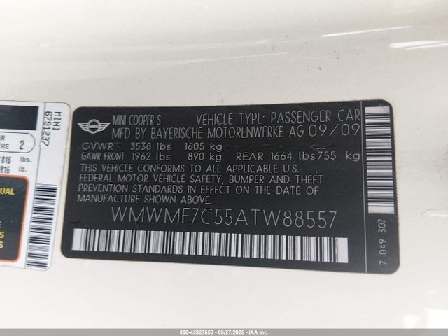 Продажа на аукционе авто 2010 Mini Cooper S, vin: WMWMF7C55ATW88557, номер лота: 45927653