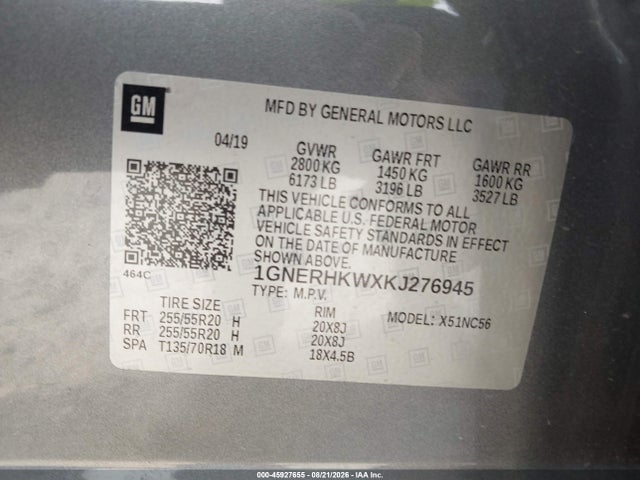 Aukcja sprzedaży 2019 Chevrolet Traverse 3lt, vin: 1GNERHKWXKJ276945, numer aukcji: 45927655