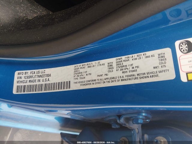 45927658 :رقم المزاد ، 1C6SRFJT7NN227004 vin ، 2022 Ram 1500 Laramie  4x4 5'7 Box مزاد بيع