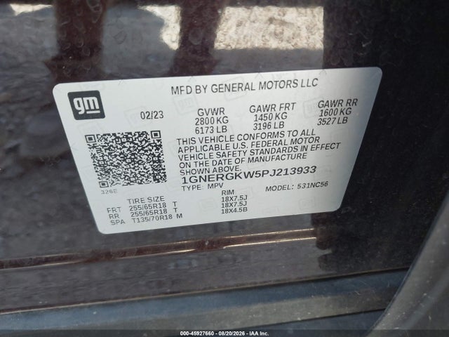 Aukcja sprzedaży 2023 Chevrolet Traverse Fwd Lt Cloth, vin: 1GNERGKW5PJ213933, numer aukcji: 45927660