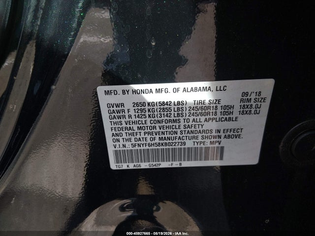 Продажа на аукционе авто 2019 Honda Pilot Ex-l, vin: 5FNYF6H58KB022739, номер лота: 45927665