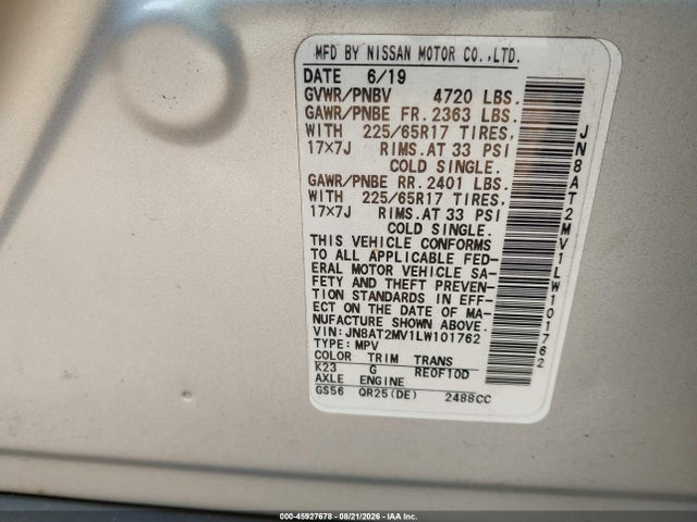 2020 Nissan Rogue Sv Intelligent Awd მანქანა იყიდება აუქციონზე, vin: JN8AT2MV1LW101762, აუქციონის ნომერი: 45927678
