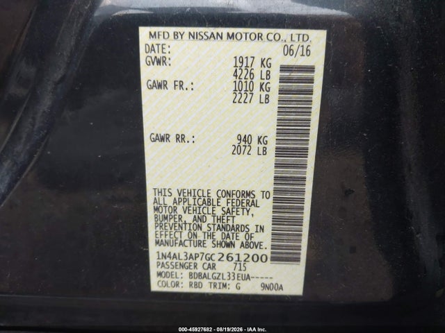 Продаж на аукціоні авто 2016 Nissan Altima 2.5/2.5 S/2.5 Sl/2.5 Sr/2.5 Sv, vin: 1N4AL3AP7GC261200, номер лоту: 45927682