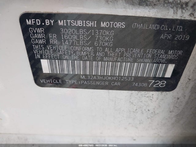 Продажа на аукционе авто 2019 Mitsubishi Mirage Es, vin: ML32A3HJ0KH012533, номер лота: 45927683