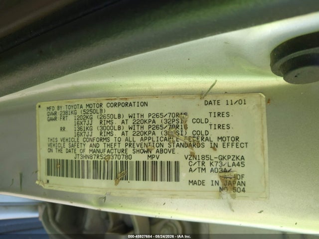 45927684 :رقم المزاد ، JT3HN87R520370780 vin ، 2002 Toyota 4runner Limited V6 مزاد بيع