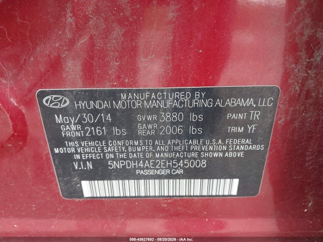 2014 Hyundai Elantra Se მანქანა იყიდება აუქციონზე, vin: 5NPDH4AE2EH545008, აუქციონის ნომერი: 45927692