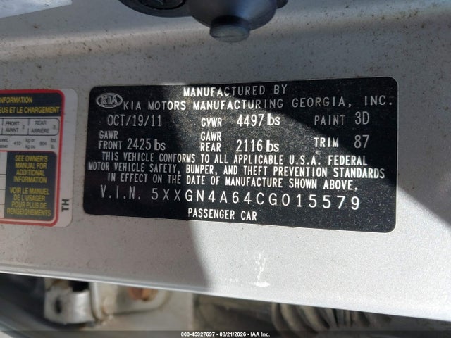 45927697 :رقم المزاد ، 5XXGN4A64CG015579 vin ، 2012 Kia Optima Ex Turbo مزاد بيع