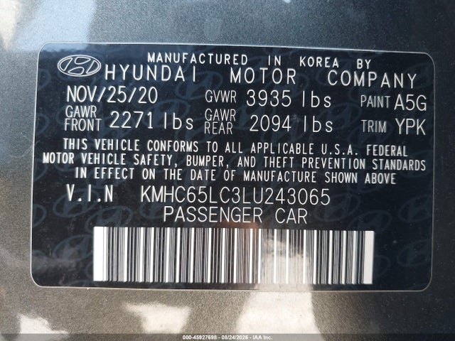 Aukcja sprzedaży 2020 Hyundai Ioniq Hybrid Blue, vin: KMHC65LC3LU243065, numer aukcji: 45927698