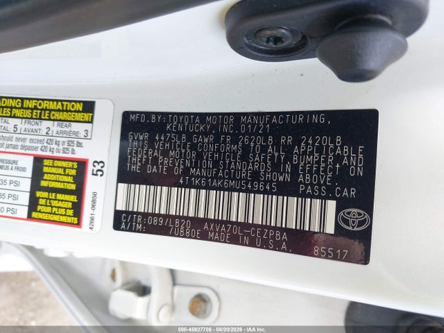 Aukcja sprzedaży 2021 Toyota Camry Xse, vin: 4T1K61AK6MU549645, numer aukcji: 45927708