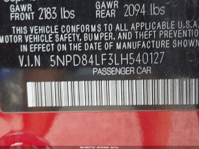 45927723 :رقم المزاد ، 5NPD84LF3LH540127 vin ، 2020 Hyundai Elantra Sel مزاد بيع