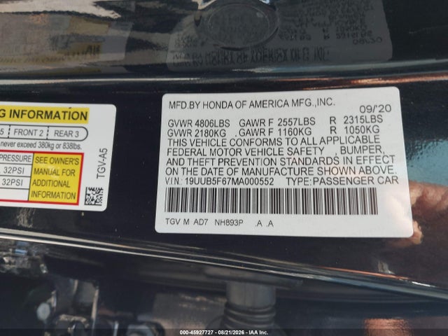 2021 Acura Tlx Advance Package მანქანა იყიდება აუქციონზე, vin: 19UUB5F67MA000552, აუქციონის ნომერი: 45927727