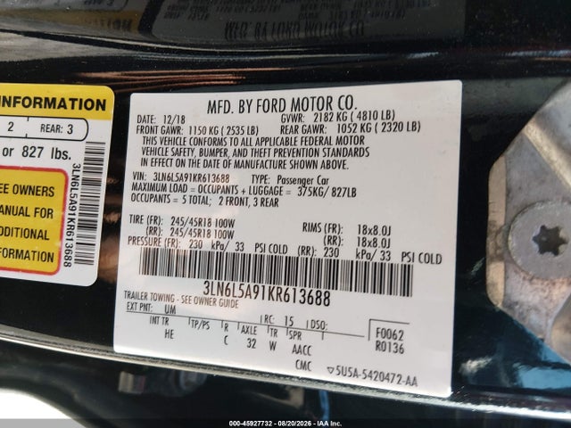Продаж на аукціоні авто 2019 Lincoln Mkz Standard, vin: 3LN6L5A91KR613688, номер лоту: 45927732