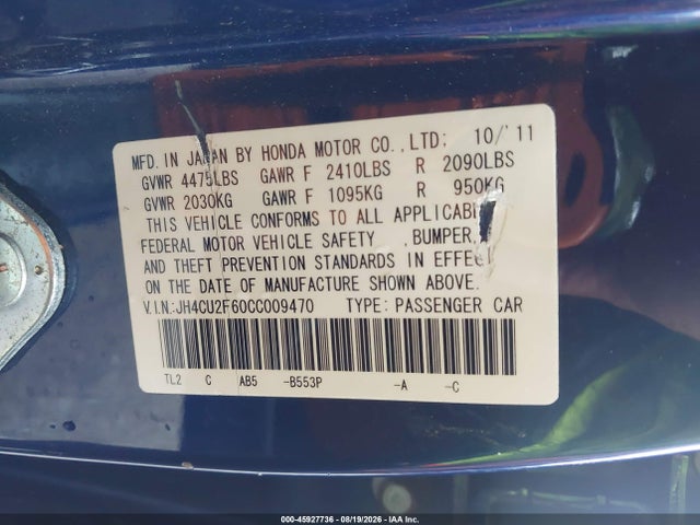 45927736 :رقم المزاد ، JH4CU2F60CC009470 vin ، 2012 Acura Tsx 2.4 مزاد بيع