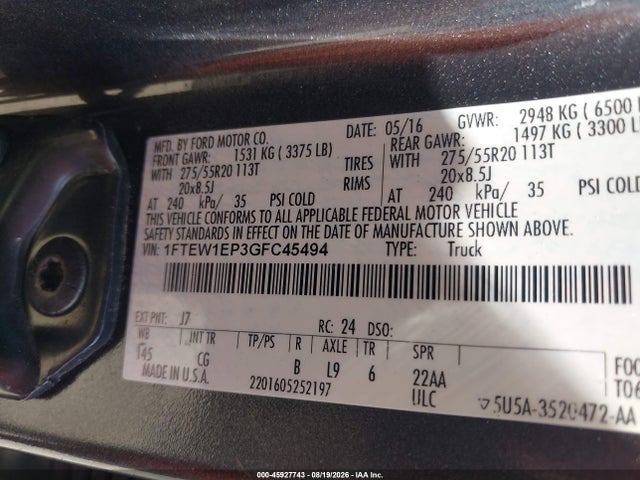 Ford F-150 Xl 2016 1FTEW1EP3GFC45494 Image 9