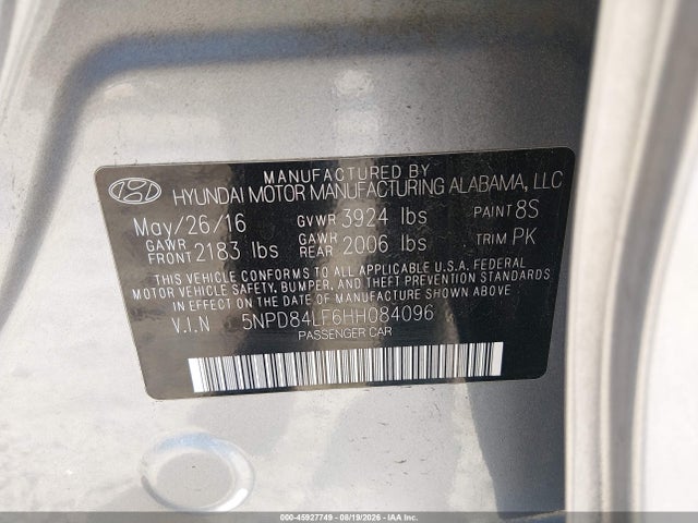 2017 Hyundai Elantra Limited მანქანა იყიდება აუქციონზე, vin: 5NPD84LF6HH084096, აუქციონის ნომერი: 45927749